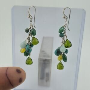 Barse Sterling Silver Multi Gem Briolette Cluster Dangle Earrings Green Blue